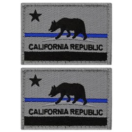 California CA State Flag Thin Blue Line Police Tactical Swat Embroidered Patch 2pc Bundle - 3 x 2 inch Hook Fastener C047