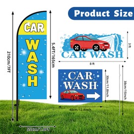 Mindsoft 5 Set Car Wash Sign Include 7 ft Feather Advertising Flag with Pole, 3 Car Wash Yard Sign with Stake, 8 x 11 ft Banner for Outdoor Business Stores Promotion Decoration