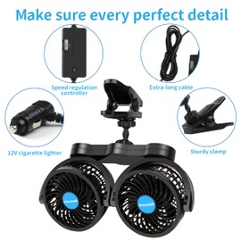 Alagoo 12V Car Fan, Adjustable 4 Inches Dual Head Car Clip Fan for Front/Rear Seat Passenger, 360° Rotatable Cars Fans with Stepless Speed Regulation for Car/Vehicle SUV, RV