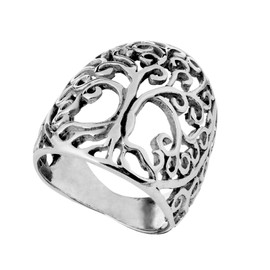 81stgeneration Frauen .925 Sterling Silber Breit Filigran Gemustert Baum des Lebens Medaillon Ring