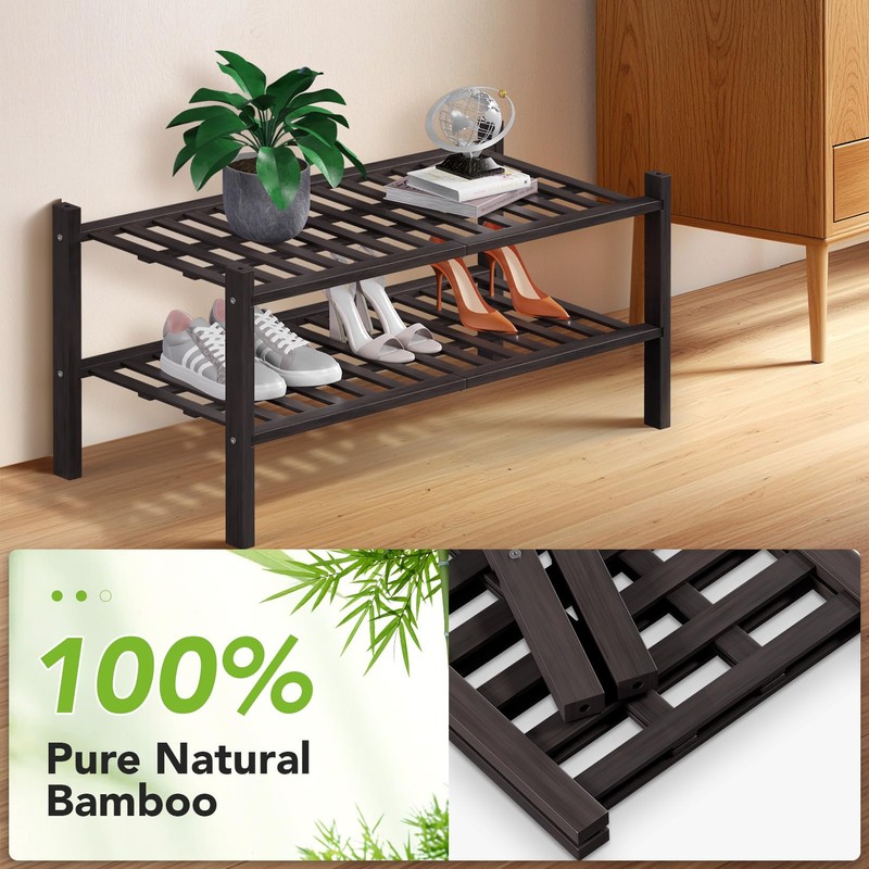 Haddockway 2 Tier Bamboo Shoe Rack Storage Organizer, Multifunctional Free