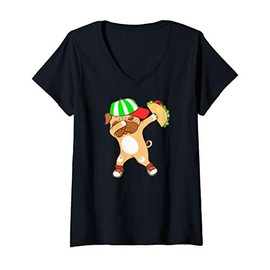 Womens Puppy Dabbing Mexican Taco Food Cute Dog Funny Bulldog V-Neck T-Shirt