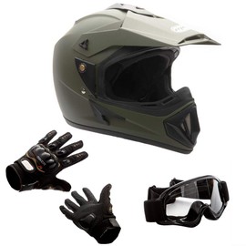 MMG 30 Combo Adult Motorcycle Off Road Helmet DOT - MX ATV Dirt Bike Motocross UTV. Medium, Military Green with Riding Gloves and Goggles