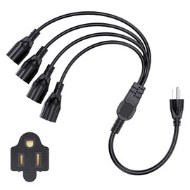 3 Prong 1 to 4 Splitter Cord, Outdoor Extension Cable Strip Outlet Saver, SJT 16AWG, LED Stage Light (20 Inch Black)