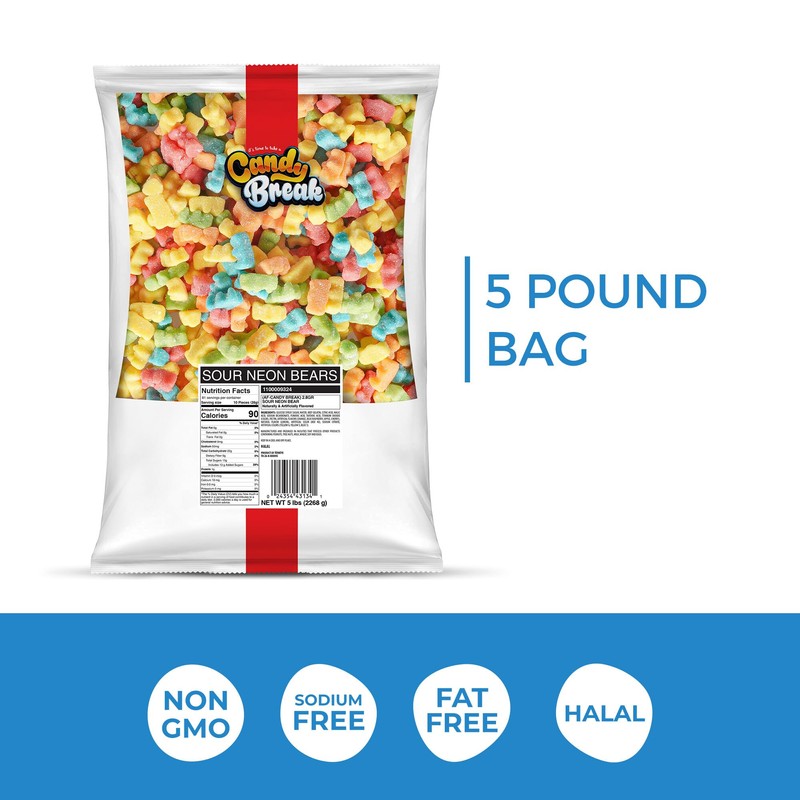 Candy Break Sweet & Sour Neon Gummy Bears 5 lbs