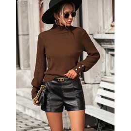 Upopby Women's Fall Winter Mock Turtleneck Knitted Sweaters for Women 2024 2025 Trendy Lantern Sleeve Pullover Sweater Jumper Tops Brown S