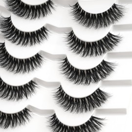 Happy Heartbeat 3D Clear Band False Eyelashes, Cat Eye, Wispy, Natural Look, Short False Eyelashes, Super Natural, Cross, Fluffy, Soft, Reusable Eyelashes, 7 Pairs, No. 197