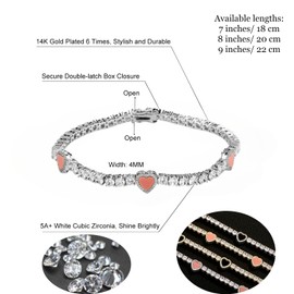 OYOGAA Heart Tennis Bracelets for Women, 14K Golden Plated 4MM Ankle Bracelets for Women, Pink Black Cubic Zirconia Heart Bracelet, Charms Matching Bracelets for Couples (Silvery Pink, 7 inch)