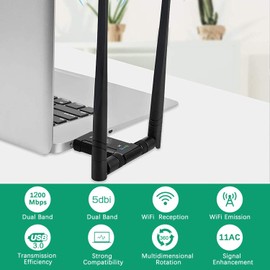 WLAN Stick 1200Mbit/s, WLAN Adapter DualBand 867Mbit/s (5GHz), 433Mbit/s (2,4GHz) Wireless Adapter mit 5dBi Antenne und USB 3.0-Dockingstation für Desktop Laptop PC Windows/Mac OS