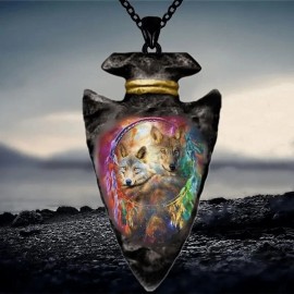 Costume Jewelry Vintage Men's Arrowhead Style Pendant Necklace With Wolf Heads