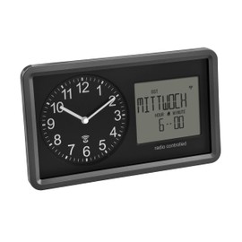 TFA Dostmann Analogue Radio-Controlled Clock with Calendar. 60.3552.01, Senior Clock, Alarm Alarm & Snooze Function, Digital Display of Day of the Week and Date, Analogue Table Clock, Low Backlight,