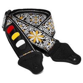World Rhythm Guitar Strap Floral Yellow Embroidered Cotton Guitar Strap for Electric, Acoustic, Classical and Bass Guitars with Pick Holder and Picks