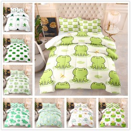 Albideyaa Cute Cartoon Little Frog Pattern Bedding Comforter Set for Kids Twin Size Bedroom Decor Green White Stripe Black Note Print Duvet Set Boys Girls Teens Adult Quilt Set with 1Pillowcase