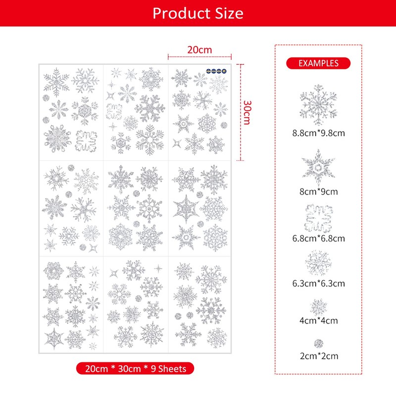 Fassory 93 Pcs Glittering Silver Snowflake Window Stickers, Reusable Winter