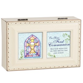 Cottage Garden First Communion God Bless You Matte Ivory Jewelry Music Box Plays Ave Maria
