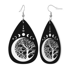 Moon Phase Star Pentagram Tree Black Faux Leather Teardrop Earrings for Women Drop Dangle Earrings Gift