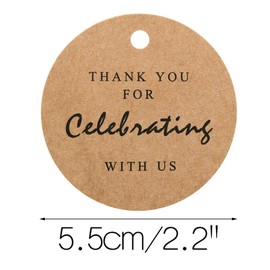 G2PLUS Thank You for Celebrating with Us Tags, 2.2in Original Design Kraft Paper Gift Tag, 100 PCS Thank You Present Tags with String for Gift Wrap, Wedding, Baby Shower, Holiday Party Favor (Brown)