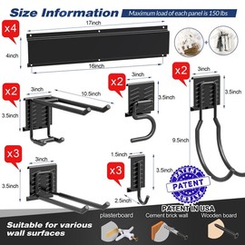 Sttoraboks Heavy Duty Garage Storage Organizer Rack System, Wall Mounted Tool Rack with 12 Double Hooks, 4 Rails, and Hangable Steel Garden Tool Rack - SIZE: 68inch 4 panels+12 hooks