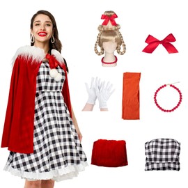 Christmas Red Costume Women Adult Dress with Wig Hooded Robe Necklace Costume for Christmas
