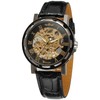 Yoodeet Men's Black Skeleton Dial Hand-Wind Up PU Leather Mechanical