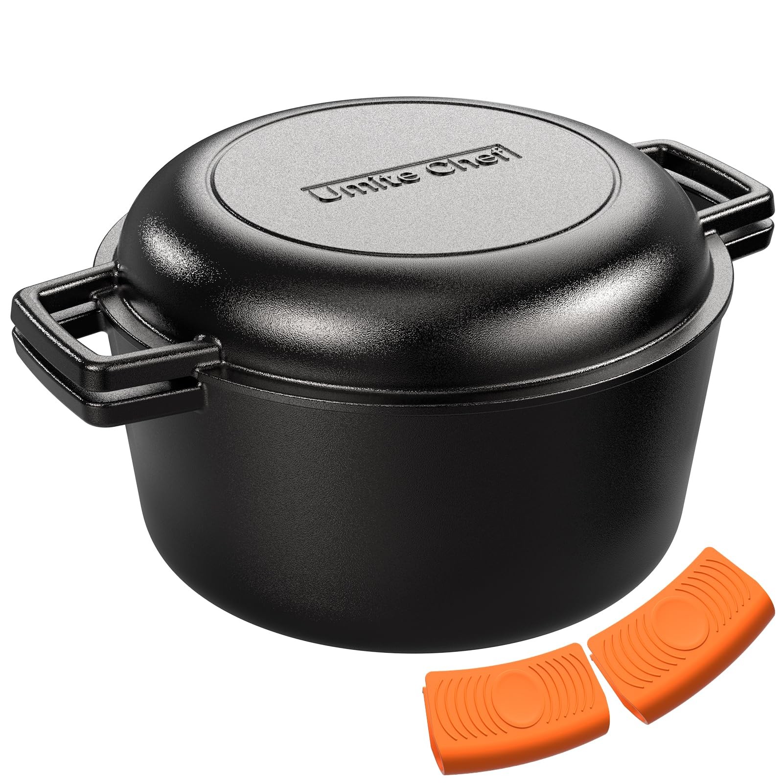 2-in-1 Pre-Seasoned Cast Iron Double Dutch Oven Pot with Skillet Lid