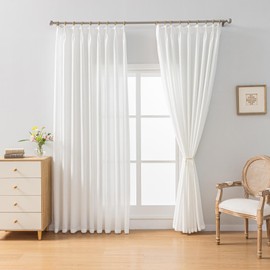 AOWELLOW White Semi Sheer Curtains 108 inch Length for Living Room, Textured Linen Blended Pinch Pleat Light Filtering Curtains, Boho Extra Long Window Curtain for Bedroom Drapes, 1 Panel