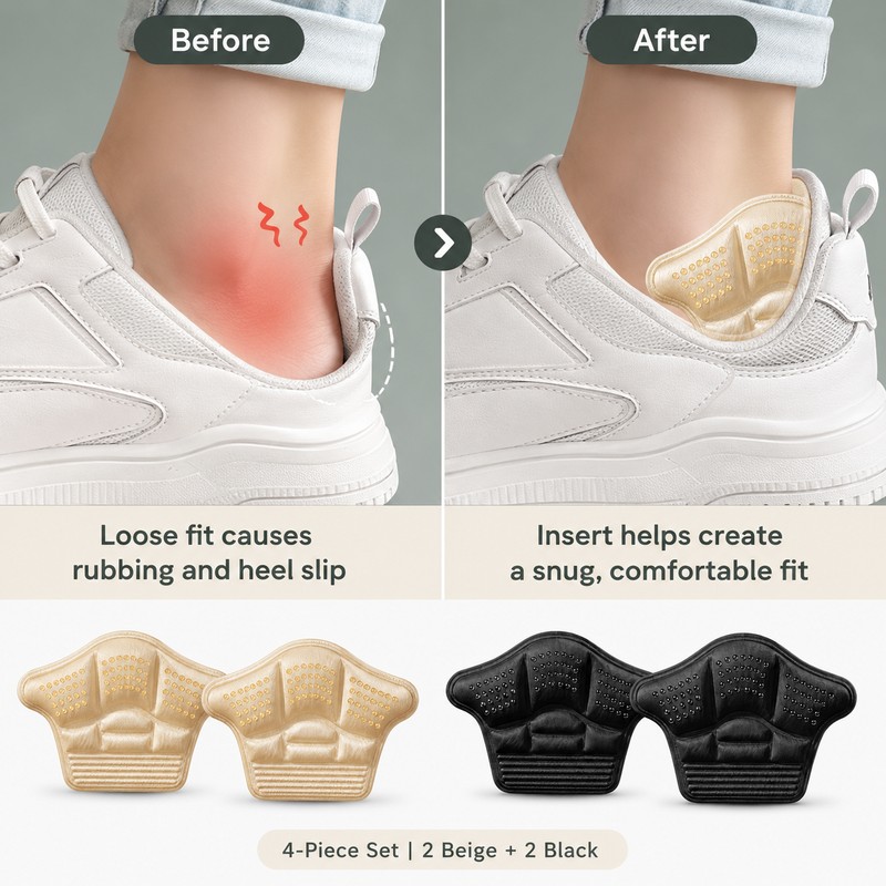 4-Pack Heel Cushion Inserts for Loose Shoes – Soft Fabric