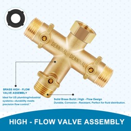 Denninal 3 Way Hose Splitter, Solid Brass High Flow 3 Way Water Hose Splitter with Metal Handle, Heavy Duty Faucet Spigot Splitter with Shut off Valve, 3/4 Inch Garden Tap Splitter