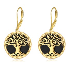 Sterling Silver Black Onyx Earrings 18k Gold Plated Musical Note Round Drop Earrings Fashion Leverback Dangle Earrings Jewellery Gifts for Women, Gold-plated, Onyx