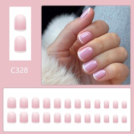 White French Press On Nails Extra Short Square, 24Pcs Fake Nails Nude Pink False Nails Press Ons With Glossy Designs Small Stick On Nails for Women Nail DIY