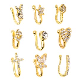9 Pcs Fake Nose Rings Shiny Fashionable No Piercing Nose Clip Kit Faux Nose Rings for Women Gold