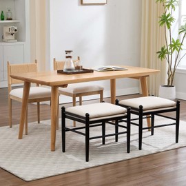 Kmax Ottoman Bench, 19 Inch Tall Vanity Chairs No Wheels, Upholstered Ktichen Chairs Backless Wooden Side Chairs for Dining Room, Extra Seating for Living Room - Linen, White