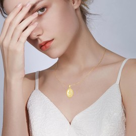 AHTAMOS 14K Gold Plated Mary Necklace for Women - Virgin Mary Pendant with Miraculous Medal Design - Sterling Silver Chain, 18+2 Inches