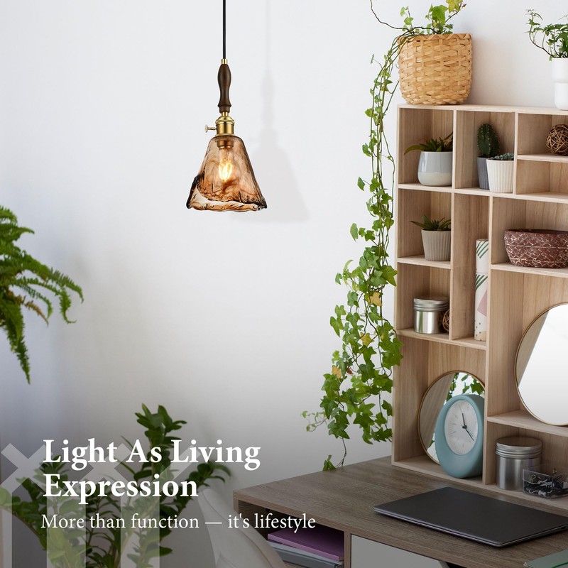 LUXWELL Modern Amber Glass Pendant Light, 6"x11.5" Floral Bell-Shaped Hanging