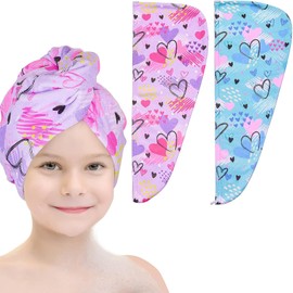 Microfiber Hair Drying Towels for Kids, 2 Pack Wet Hair Towel Wrap Turban for Girls Children Women, Quick Dry Twisty Hair Towels Wrap for Curly Long Thick Hair Anti Frizz