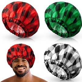 Shower Cap for Men Waterproof Reusable Large Bath Cap Men for Dreadlocks, Braids, Curls, Locs, Curly Hair, 3 Colors(Plaid Pattern)