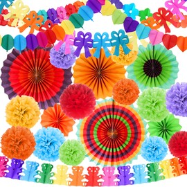 Dncvb Party Decoration Pompoms Pack of 24 Colourful Party Decoration, Garland Colourful Paper Fan Decoration Pompoms for Birthday Wedding Summer Decoration Mexican Festival Fiesta