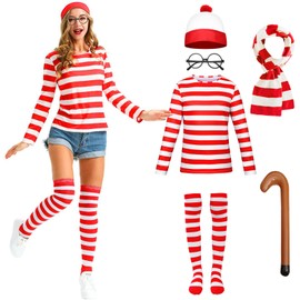 Adult Christmas Wheres Waldo Costume Red and White Striped T-Shirt Costume Christmas Party Cosplay