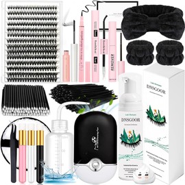 DIY Lash Extension Kit with 280 PCS 9-16mm 40D Lashes Clusters 200ml/6.7fl.oz Lash Cleanser Eyelash Shampoo Mini USB Portable Lash Fan Bond and Seal Remover Eyeliner Eyelid Cleaning Brush