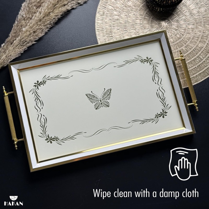 Hakan Rectangular Decorative Serving Tray 19x11.5-inch White-Butterfly with Glass Surface,