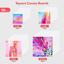 BAKEYBA Small Canvas Boards for Painting 56Pcs of 5x5, 6x6, 8x8, 10x10 inch Flat Square Canvas Panels for Kids, 100% Cotton White Acrylic Watercolor Paint