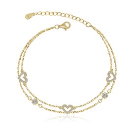 Meissa Heart Charm Bracelets for Women Double Layer Love Bracelets with Cubic Zirconia Ladies jewelry Gift Size 6.5-8.0 Inches (Gold)
