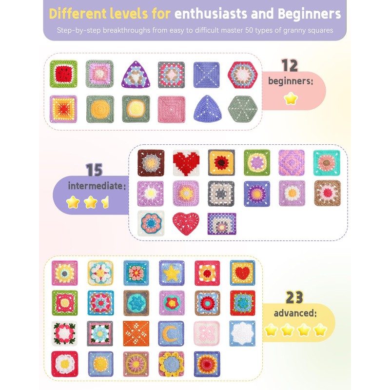 Katech Crochet Kit for Beginners, 50 Granny Squares Crochet Kits
