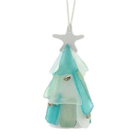 The Bridge Collection 4.75" Coastal Sea Glass Christmas Tree Ornament with Starfish Topper and Seashell Accents - Beach-Themed Holiday Decor