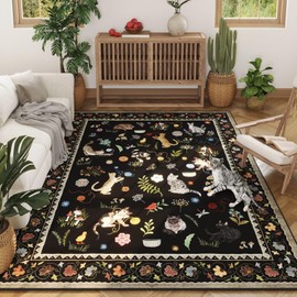 Rugcomf Living Room Rug 5x7 Rug Machine Washable Boho Area Rug Non Slip Floral Animal Cat Vintage Low Pile Large Rugs for Living Room Bedroom Farmhouse Dining Room Kids Playroom, Black
