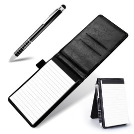 TIESOME Small Leather Notepad Holder with Pen, Pocket Notebook Holder Mini Notepad Memo Book Multifunctional Portable Replacement Notebook with Metal Pen for Offices Schools Restaurants(Black)