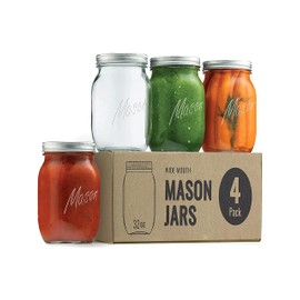 Mason Jars - Food Storage Container - 4-Pack - Airtight Container for Pickling, Canning, Candles, Home Decor, Overnight Oats, Fruit Preserves, Jam or Jelly