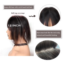 FQNing 5x5.5 inch Hair Topper with Bangs Real Human Hair 100% Remy Straight Hair Piece (Bangs Natural Black, 12 Inch)