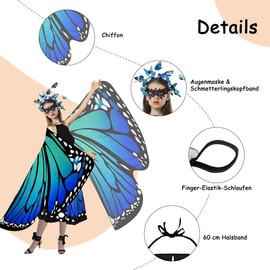 Sundonix Chiffon Fancy Dress Butterfly Cape for Women - Colourful Carnival Costume Women, Ideal for Carnival, Fancy Dress and Cosplay (Blue)