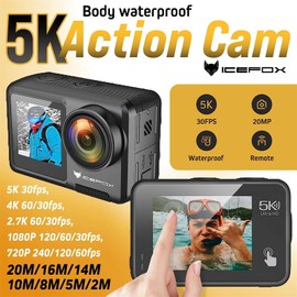 icefox Action Cam 5K 30FPS 20MP with Touch Screen, Ice Adjustable Viewing Angle 4X Zoom, 30M Waterproof Underwater Camera Remote Control Sports Camera with External Microphone and Accessories Kit